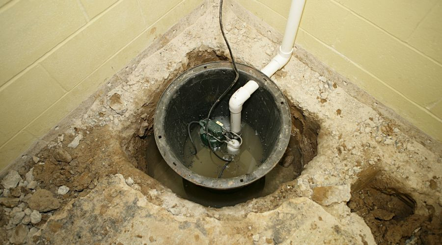 Submersible sump pump installed in a basement pit with PVC discharge pipe and float switch